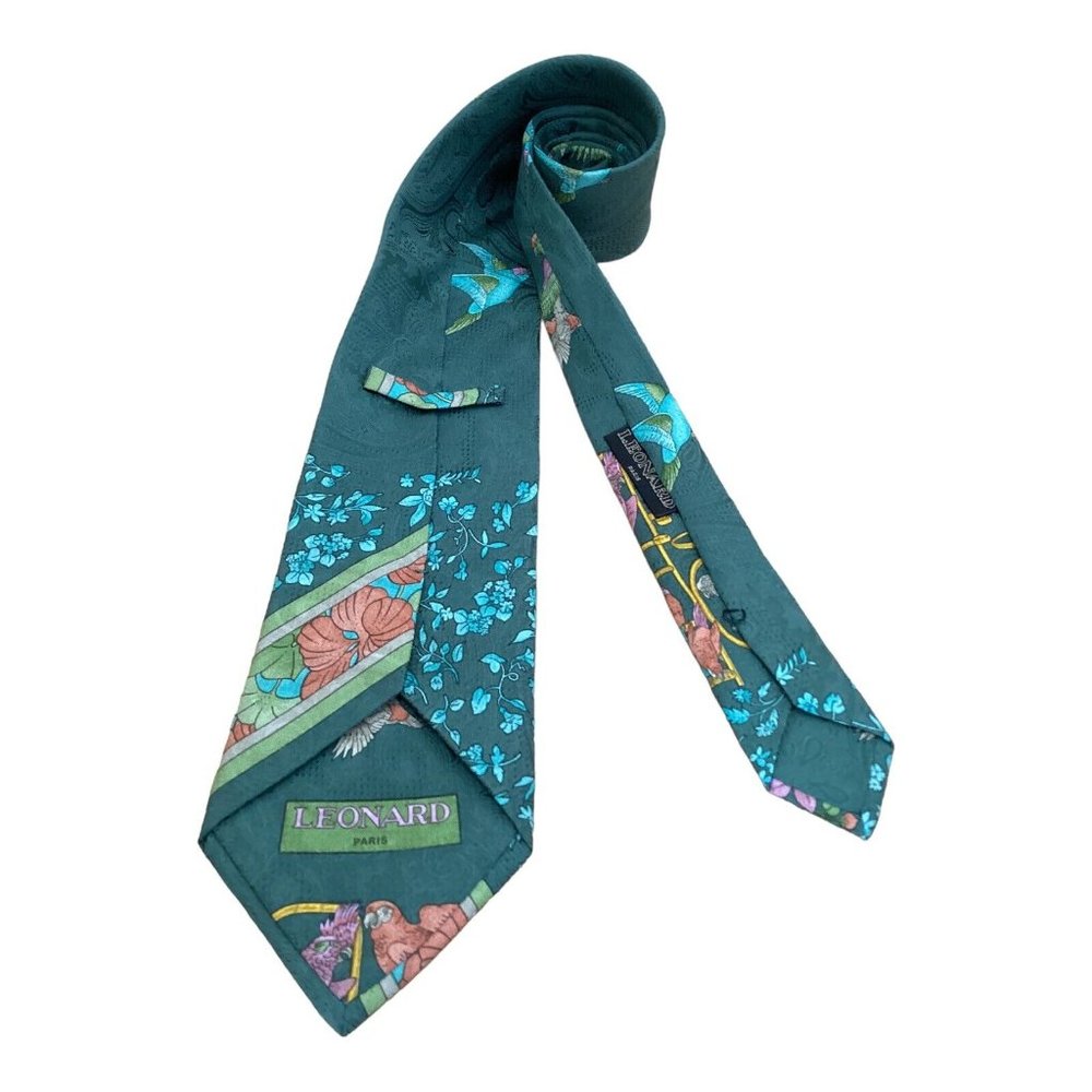LEONARD Green Birds & Flowers Print Silk Tie Italy 57"-3.7" EC - Picture 2 of 6